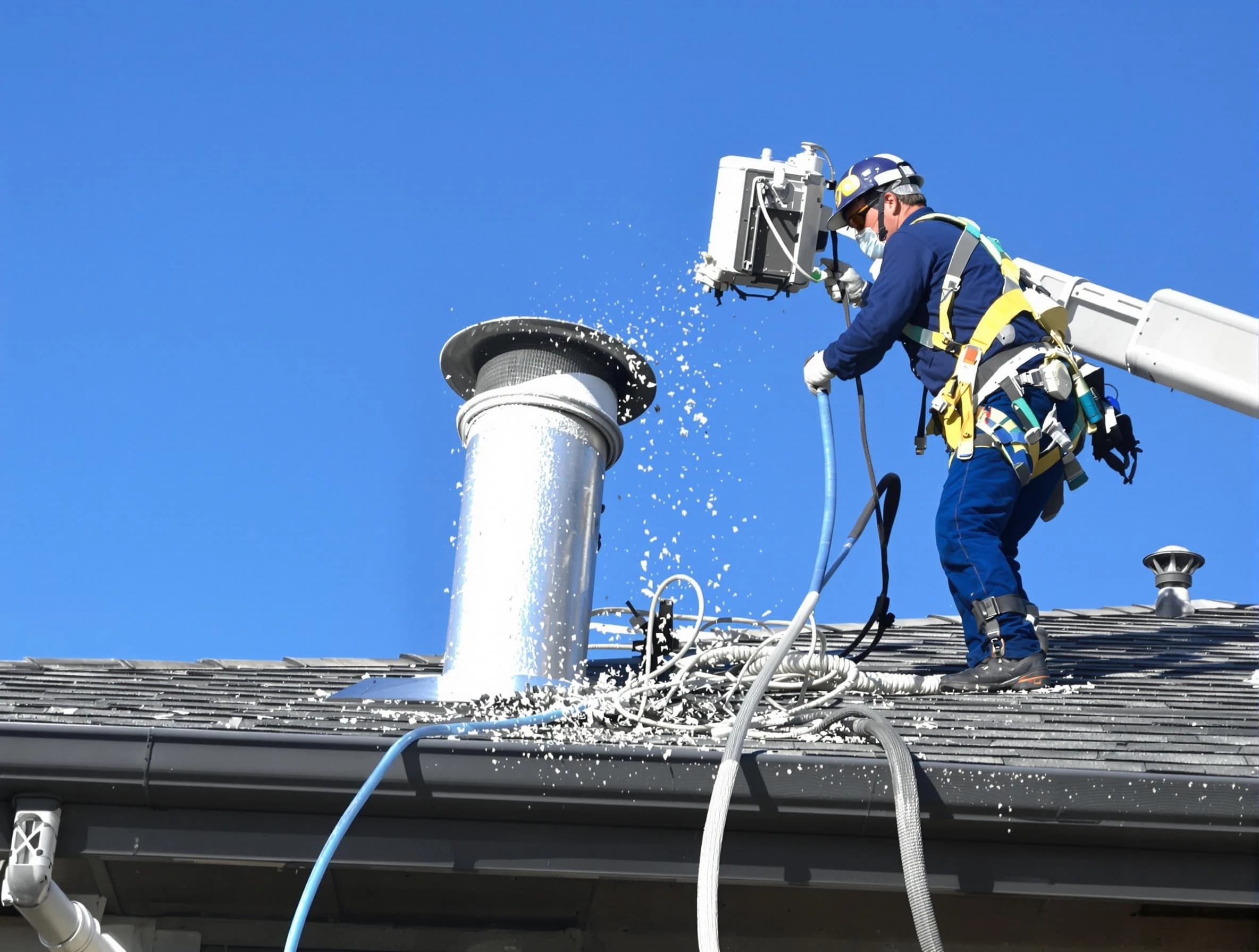 Highlands Ranch Dryer Vent Cleaning certified technician safely cleaning a roof-mounted dryer vent in Highlands Ranch