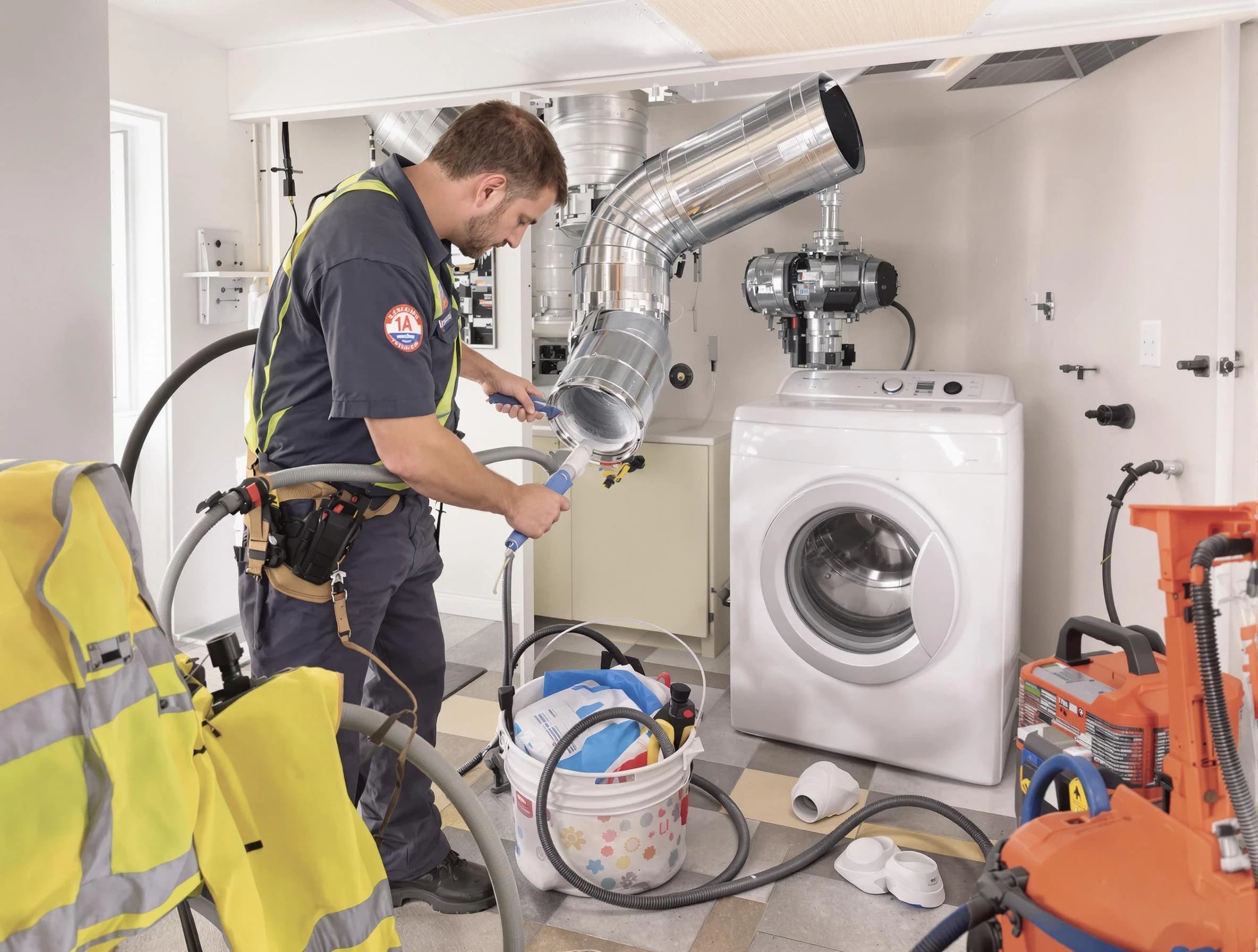 Highlands Ranch Dryer Vent Cleaning technician using specialized equipment to clear severe dryer vent blockage in Highlands Ranch