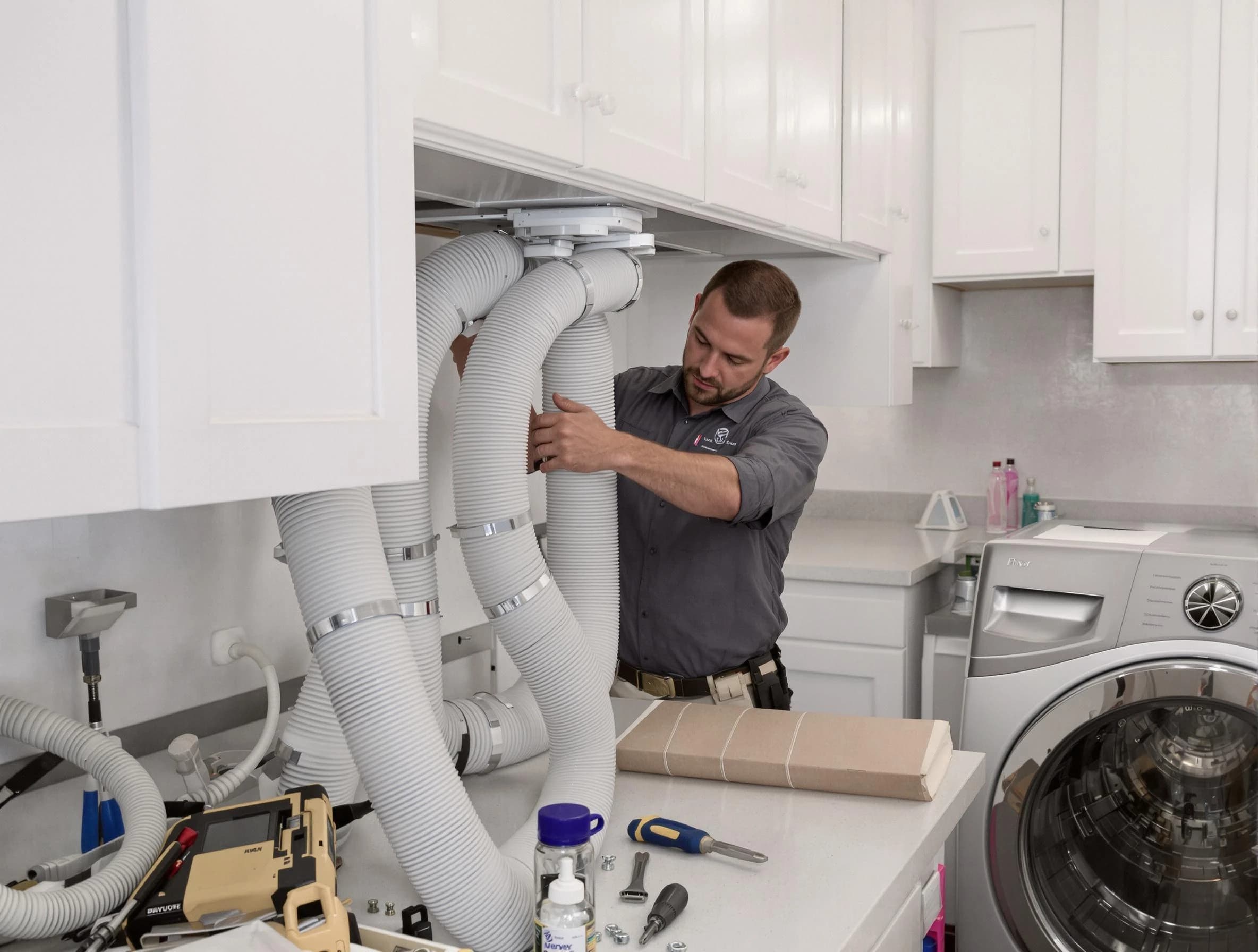 Highlands Ranch Dryer Vent Cleaning technician installing a new professional-grade dryer vent hose in Highlands Ranch